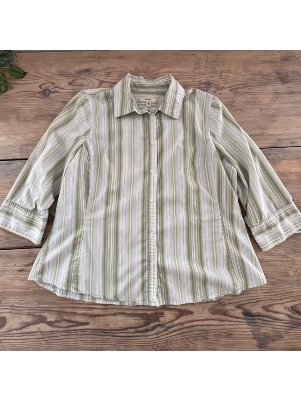 Merona Button Up Blouse Womens 16W Green Stripe Y2K 90s